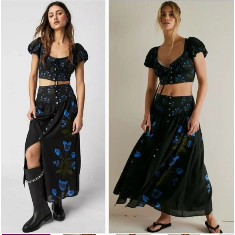 Free People Easy Luv Maxi Skirt Set Black Green Blue Button Gypsy Boho Small S